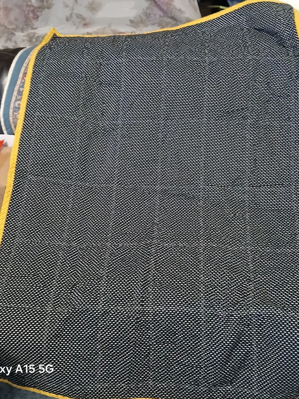 Hand Crafted Yellow and Olive Patchwork Quilt with Navy Polka Dot Border